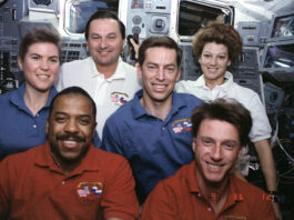 30th Anniversary of STS-63: Shuttle-Mir’s Historic Rendezvous A group photo of six astronauts, four men and two women, taken on the shuttle