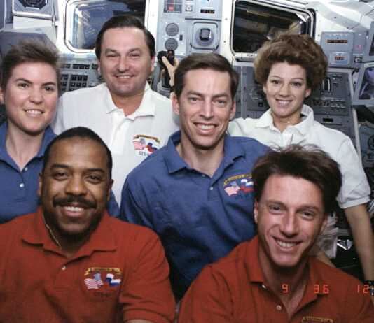 30th Anniversary of STS-63: Shuttle-Mir’s Historic Rendezvous A group photo of six astronauts, four men and two women, taken on the shuttle