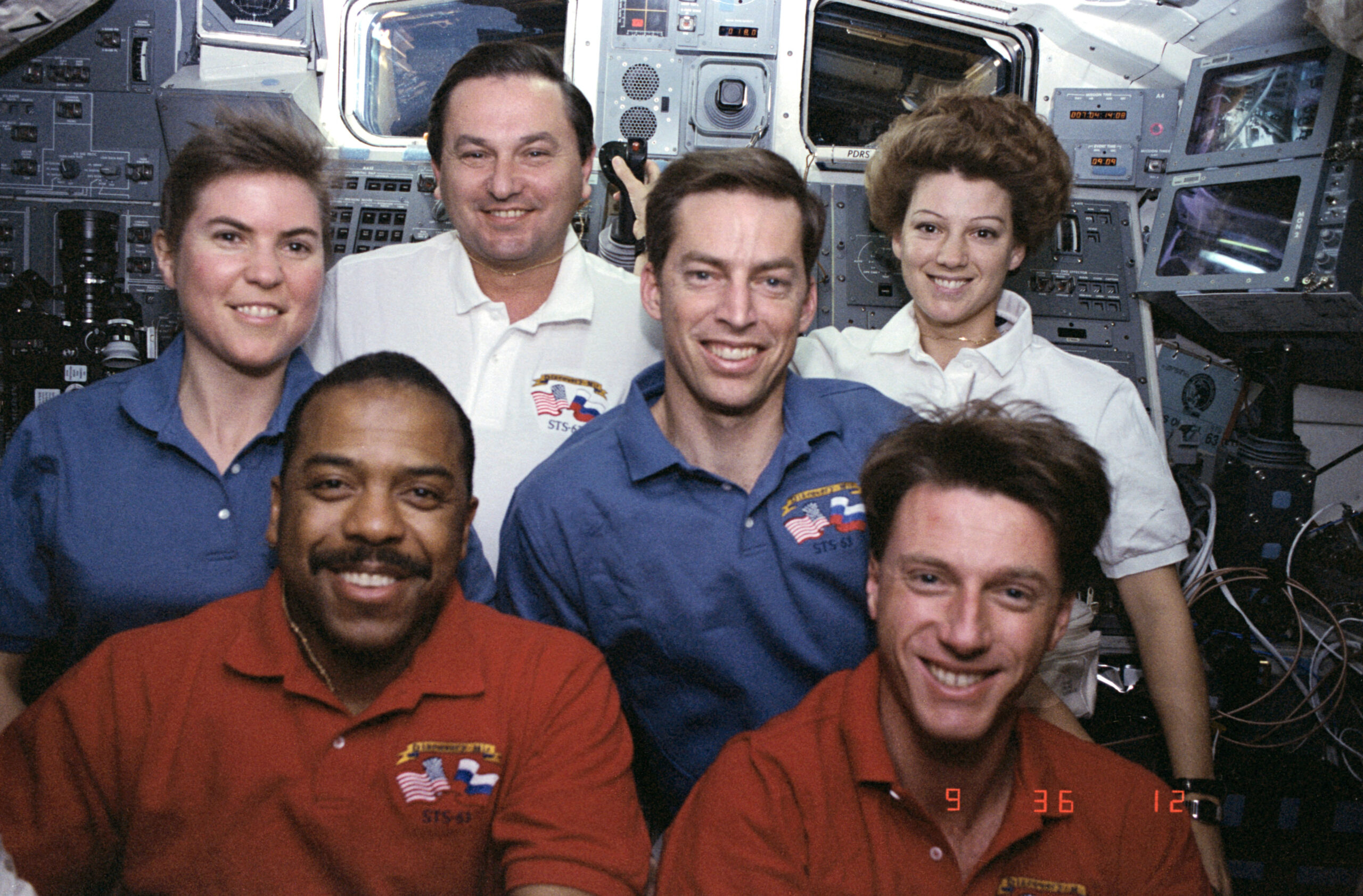 sts 63 21 inflight crew photo sts063 06 018.jpg A group photo of six astronauts, four men and two women, taken on the shuttle