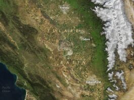 NASA Employs High-Tech Radar for California Groundwater Monitoring Satellite image of the Tulare Basin area in Southern California, showing a mix of foothills and farmlands.