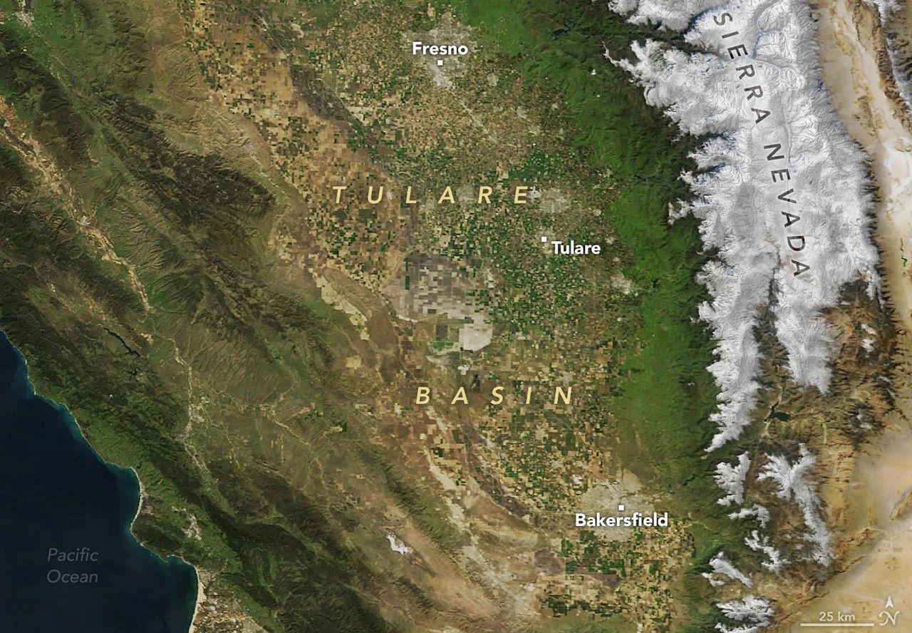 tularebasin tmo 20250308 cropped.jpg Satellite image of the Tulare Basin area in Southern California, showing a mix of foothills and farmlands.