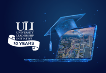 NASA Marks 10 Years of University Contributions to Aeronautics Innovation Artist illustration of a digital laptop and graduation cap and ULI, 10 Years graphic.