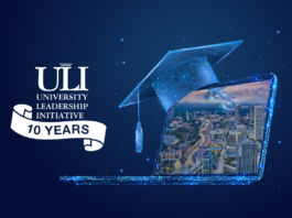 NASA Marks 10 Years of University Contributions to Aeronautics Innovation Artist illustration of a digital laptop and graduation cap and ULI, 10 Years graphic.