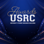 University Grants USRC Awards for Student Research Projects Dark blue background with golden lines and glitter affect. Text reads USRC Awards.