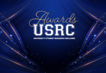 University Grants USRC Awards for Student Research Projects Dark blue background with golden lines and glitter affect. Text reads USRC Awards.