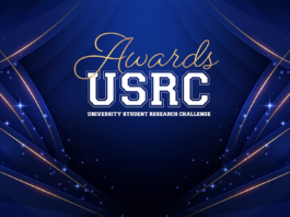 University Grants USRC Awards for Student Research Projects Dark blue background with golden lines and glitter affect. Text reads USRC Awards.