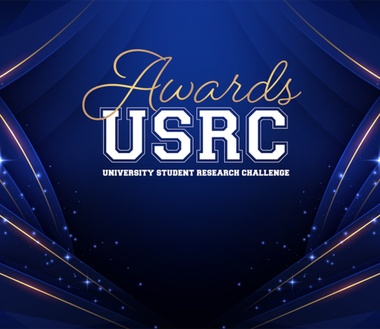 University Grants USRC Awards for Student Research Projects Dark blue background with golden lines and glitter affect. Text reads USRC Awards.