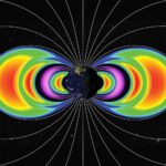 CubeSat Discovers New Radiation Belts Post-May 2024 Solar Storm In a visualization, Earth is shown against the blackness of space. White lines emanate out from the poles showing the planet’s magnetic field lines. Concentric rainbow-colored semicircles on either side of Earth visualize belts of trapped electrons. The second belt from Earth is colored purple to indicate it’s composed of protons as well as electrons. The third belt from Earth (rainbow color) represents the new electron belt.