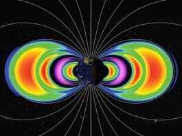 CubeSat Discovers New Radiation Belts Post-May 2024 Solar Storm In a visualization, Earth is shown against the blackness of space. White lines emanate out from the poles showing the planet’s magnetic field lines. Concentric rainbow-colored semicircles on either side of Earth visualize belts of trapped electrons. The second belt from Earth is colored purple to indicate it’s composed of protons as well as electrons. The third belt from Earth (rainbow color) represents the new electron belt.