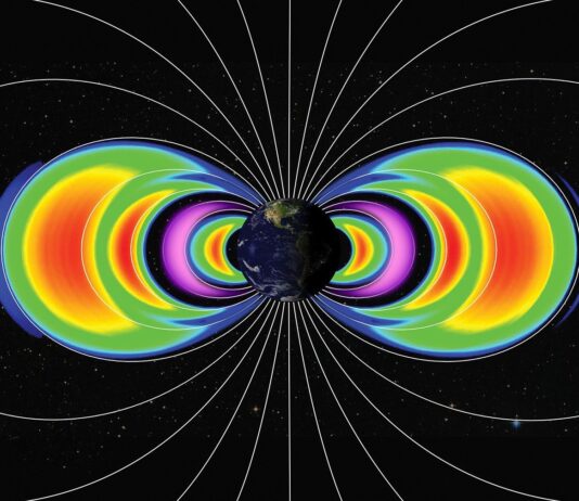 CubeSat Discovers New Radiation Belts Post-May 2024 Solar Storm In a visualization, Earth is shown against the blackness of space. White lines emanate out from the poles showing the planet’s magnetic field lines. Concentric rainbow-colored semicircles on either side of Earth visualize belts of trapped electrons. The second belt from Earth is colored purple to indicate it’s composed of protons as well as electrons. The third belt from Earth (rainbow color) represents the new electron belt.