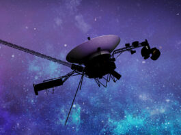NASA Shuts Down Voyager Instruments to Prolong Mission An artist’s concept of the Voyager spacecraft, set against a starry blue and purple background.