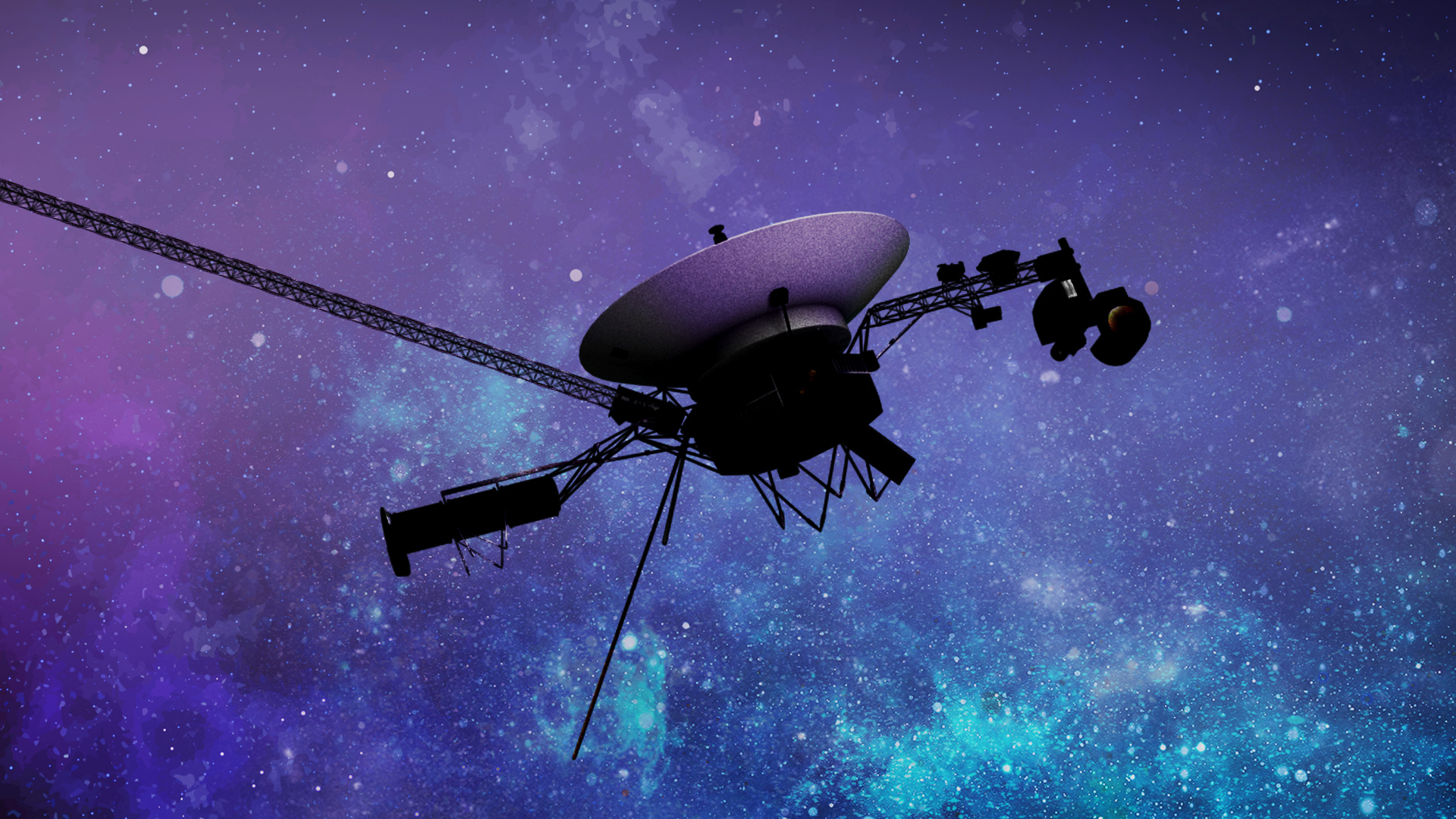 voyager.jpg An artist’s concept of the Voyager spacecraft, set against a starry blue and purple background.