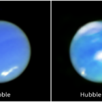 Webb Telescope Records Neptune’s Auroras for the First Time A two-panel horizontal image. On the left is Neptune, as seen from the Hubble Space Telescope. It is a blue circle, tilted about 25 degrees to the left. There are white smudges at 7 o’clock and just above 5 o’clock. At the right is an opposing view of the planet, using data from Hubble and Webb. It is a multi-hued blue orb. There are white smudges in the same spots as the image on the left, but also at the center of the planet and at the top. There are cyan smudges vertically along the right side, with the top of the smudging more translucent than the bottom.