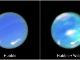 Webb Telescope Records Neptune’s Auroras for the First Time A two-panel horizontal image. On the left is Neptune, as seen from the Hubble Space Telescope. It is a blue circle, tilted about 25 degrees to the left. There are white smudges at 7 o’clock and just above 5 o’clock. At the right is an opposing view of the planet, using data from Hubble and Webb. It is a multi-hued blue orb. There are white smudges in the same spots as the image on the left, but also at the center of the planet and at the top. There are cyan smudges vertically along the right side, with the top of the smudging more translucent than the bottom.