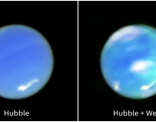 Webb Telescope Records Neptune’s Auroras for the First Time A two-panel horizontal image. On the left is Neptune, as seen from the Hubble Space Telescope. It is a blue circle, tilted about 25 degrees to the left. There are white smudges at 7 o’clock and just above 5 o’clock. At the right is an opposing view of the planet, using data from Hubble and Webb. It is a multi-hued blue orb. There are white smudges in the same spots as the image on the left, but also at the center of the planet and at the top. There are cyan smudges vertically along the right side, with the top of the smudging more translucent than the bottom.
