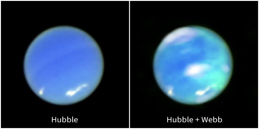 A two-panel horizontal image. On the left is Neptune, as seen from the Hubble Space Telescope. It is a blue circle, tilted about 25 degrees to the left. There are white smudges at 7 o’clock and just above 5 o’clock. At the right is an opposing view of the planet, using data from Hubble and Webb. It is a multi-hued blue orb. There are white smudges in the same spots as the image on the left, but also at the center of the planet and at the top. There are cyan smudges vertically along the right side, with the top of the smudging more translucent than the bottom.
