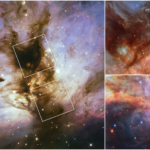 NASA’s Webb Unveils New Insights into Flame Nebula A collage of three near-infrared images showing a dusty nebula. The left two-thirds of the collage is taken up by a Hubble image of the nebula. The remaining third is taken up by two Webb images, one atop the other. The Hubble image has a pillar of dense brown dust running through the nebula at a diagonal from 5 o’clock to 11 o’clock. Wispy plumes appear to fly off from the pillar toward the sides amid blue clouds of the same material, which are whiter near the pillar. There are many white stars spread throughout. Two separate, white squares, tilted about 30 degrees, outline two areas in the pillar. The upper square has the letter “A” to the top right, while the lower square is marked by the letter “B”. These labels correspond to the two, magnified images of the nebula at right, with the top image also labeled “A” and the bottom image labeled “B”. Both images contain a mixture of reds, blues and browns, and show red, blue, and white stars.