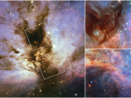 NASA’s Webb Unveils New Insights into Flame Nebula A collage of three near-infrared images showing a dusty nebula. The left two-thirds of the collage is taken up by a Hubble image of the nebula. The remaining third is taken up by two Webb images, one atop the other. The Hubble image has a pillar of dense brown dust running through the nebula at a diagonal from 5 o’clock to 11 o’clock. Wispy plumes appear to fly off from the pillar toward the sides amid blue clouds of the same material, which are whiter near the pillar. There are many white stars spread throughout. Two separate, white squares, tilted about 30 degrees, outline two areas in the pillar. The upper square has the letter “A” to the top right, while the lower square is marked by the letter “B”. These labels correspond to the two, magnified images of the nebula at right, with the top image also labeled “A” and the bottom image labeled “B”. Both images contain a mixture of reds, blues and browns, and show red, blue, and white stars.