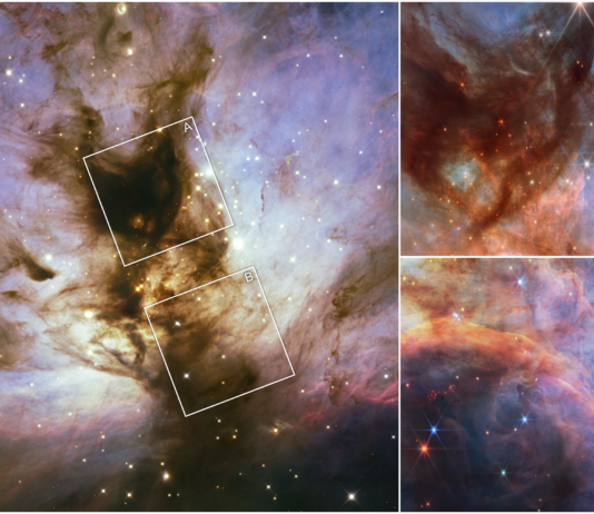 NASA’s Webb Unveils New Insights into Flame Nebula A collage of three near-infrared images showing a dusty nebula. The left two-thirds of the collage is taken up by a Hubble image of the nebula. The remaining third is taken up by two Webb images, one atop the other. The Hubble image has a pillar of dense brown dust running through the nebula at a diagonal from 5 o’clock to 11 o’clock. Wispy plumes appear to fly off from the pillar toward the sides amid blue clouds of the same material, which are whiter near the pillar. There are many white stars spread throughout. Two separate, white squares, tilted about 30 degrees, outline two areas in the pillar. The upper square has the letter “A” to the top right, while the lower square is marked by the letter “B”. These labels correspond to the two, magnified images of the nebula at right, with the top image also labeled “A” and the bottom image labeled “B”. Both images contain a mixture of reds, blues and browns, and show red, blue, and white stars.