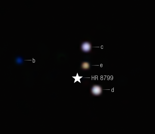 Webb Telescope Captures Young Exoplanets, Finds Carbon Dioxide This image shows the planetary system HR 8799. The background is black. At the center there is a symbol representing a star labeled HR 8799. The star’s light is blocked. There are four exoplanets, which look like fuzzy dots, pictured surrounding the star. Furthest from the star is a fuzzy, faint blue dot, labeled b, at the 10 o’clock position. At the 1 o’clock position, second furthest from the star is a blueish-white fuzzy dot labeled c. Just below that is an orange dot labeled e. At the 4 o’clock position, still near the star, is another fuzzy white dot labeled d.