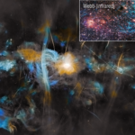 NASA Webb Studies Impact of Magnetic Fields on Star Formation The MeerKAT radio telescope shows the plane of the Milky Way galaxy, with a graphic pullout highlighting a much smaller region on the right, captured by the James Webb Space Telescope’s near-infrared light observations. The MeerKAT image is colored in blue, cyan, and yellow, with a very bright white-yellow center that indicates the location of the Milky Way’s supermassive black hole. Painterly bubbles of various sizes, clouds, and vertical brushstroke-like streaks make up the radio image. The Webb inset shows stars and gas clouds in red, with an arching cloud of bright cyan that contains many straight, needle-like features that appear more crystalline than cloudy.