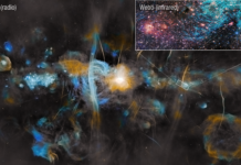 NASA Webb Studies Impact of Magnetic Fields on Star Formation The MeerKAT radio telescope shows the plane of the Milky Way galaxy, with a graphic pullout highlighting a much smaller region on the right, captured by the James Webb Space Telescope’s near-infrared light observations. The MeerKAT image is colored in blue, cyan, and yellow, with a very bright white-yellow center that indicates the location of the Milky Way’s supermassive black hole. Painterly bubbles of various sizes, clouds, and vertical brushstroke-like streaks make up the radio image. The Webb inset shows stars and gas clouds in red, with an arching cloud of bright cyan that contains many straight, needle-like features that appear more crystalline than cloudy.