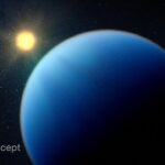Webb Telescope Uncovers Mysteries of Common Exoplanet Types Illustration showing a large fuzzy blue planet in the foreground, and an orange-yellow star in the background. The side of the planet facing the star is lit, and the side facing away is dark. The boundary between the lit and dark sides is fuzzy. The atmosphere is almost homogeneous in color and texture, with extremely subtle variations and no sign of a surface. The star is slightly more orange than the Sun. The black background of space is scattered with white points of light.