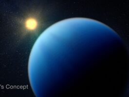 Webb Telescope Uncovers Mysteries of Common Exoplanet Types Illustration showing a large fuzzy blue planet in the foreground, and an orange-yellow star in the background. The side of the planet facing the star is lit, and the side facing away is dark. The boundary between the lit and dark sides is fuzzy. The atmosphere is almost homogeneous in color and texture, with extremely subtle variations and no sign of a surface. The star is slightly more orange than the Sun. The black background of space is scattered with white points of light.