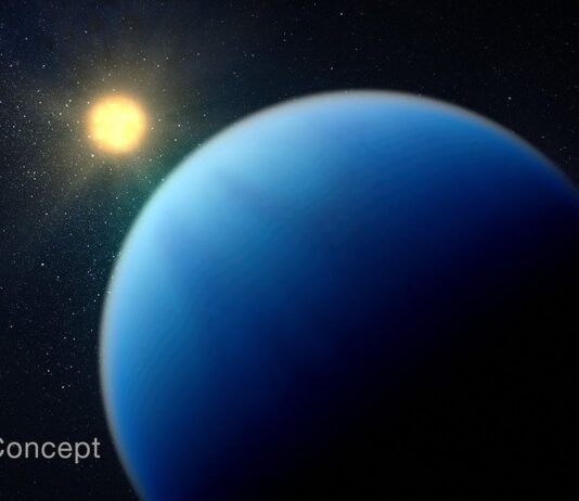 Webb Telescope Uncovers Mysteries of Common Exoplanet Types Illustration showing a large fuzzy blue planet in the foreground, and an orange-yellow star in the background. The side of the planet facing the star is lit, and the side facing away is dark. The boundary between the lit and dark sides is fuzzy. The atmosphere is almost homogeneous in color and texture, with extremely subtle variations and no sign of a surface. The star is slightly more orange than the Sun. The black background of space is scattered with white points of light.