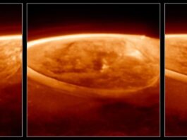 Webb Telescope Uncovers Jupiter’s Aurora Secrets and Mysteries Three panels, each showing a close-up near-infrared image of Jupiter’s north pole, in shades of orange. The planet is mostly dark. Thick, bright arcs and rings caused by auroras cover the pole. The center and right panels each show the aurora a few minutes later in time, as Webb’s field of view slowly scans over the planet.