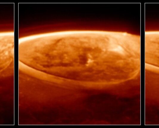 Webb Telescope Uncovers Jupiter’s Aurora Secrets and Mysteries Three panels, each showing a close-up near-infrared image of Jupiter’s north pole, in shades of orange. The planet is mostly dark. Thick, bright arcs and rings caused by auroras cover the pole. The center and right panels each show the aurora a few minutes later in time, as Webb’s field of view slowly scans over the planet.