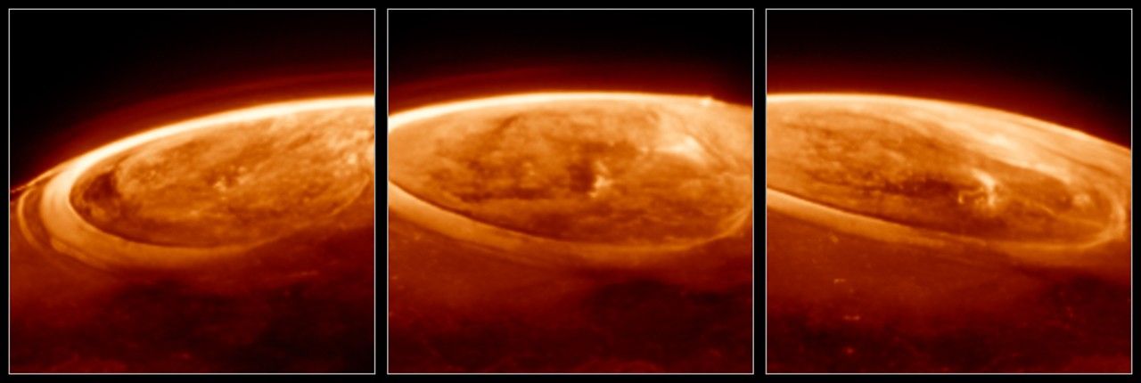 webb stsci 01jt64hbrzzm50bcp7seae8jhx 6k.jpg Three panels, each showing a close-up near-infrared image of Jupiter’s north pole, in shades of orange. The planet is mostly dark. Thick, bright arcs and rings caused by auroras cover the pole. The center and right panels each show the aurora a few minutes later in time, as Webb’s field of view slowly scans over the planet.