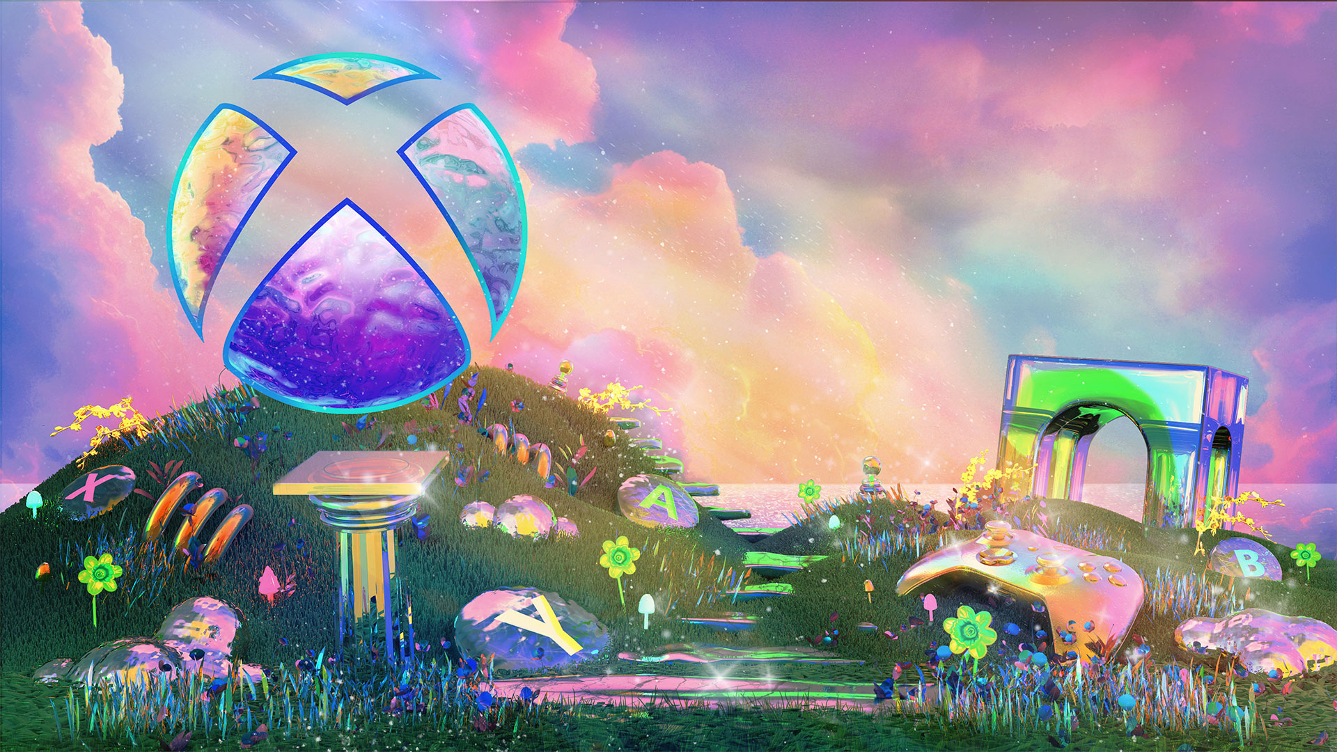 whm 23 hero 1920x1080 1 990b2770ed2316106693.jpg A pastel landscape with grassy hills and the sun reflecting off purple and pink clouds. An Xbox sphere sits in the upper left, reflecting the color of the sky. Iridescent plants, columns, Xbox buttons and an Xbox controller are scattered throughout the grass.