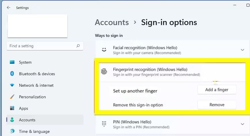 Remove Fingerprint Recognition Sign-in In Windows 11