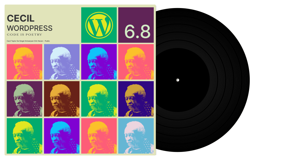 wordpress 6 8 cecil.png Simulated record album featuring a grid of brightly-colored duotone portraits of Cecil Taylor
