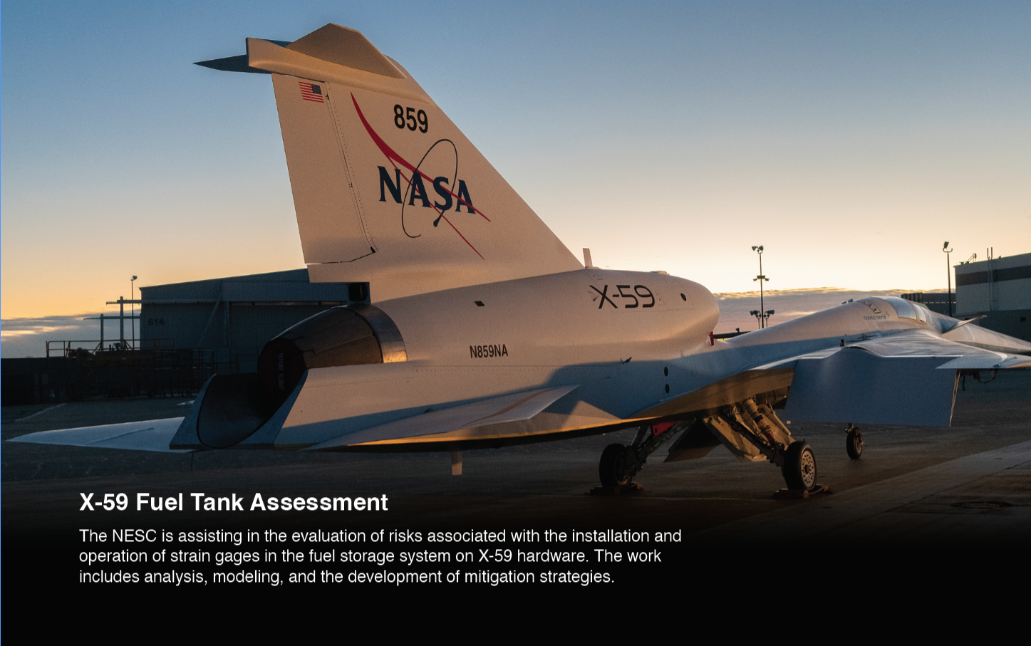 NASA’s X-59 quiet supersonic research aircraft sits on the ramp at Lockheed Martin Skunk Works in Palmdale, California.