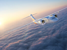 NASA Advances Aeronautics with Model-Based Systems Innovation A jet airplane designed with the help of model-based systems engineering flies above clouds at dusk.