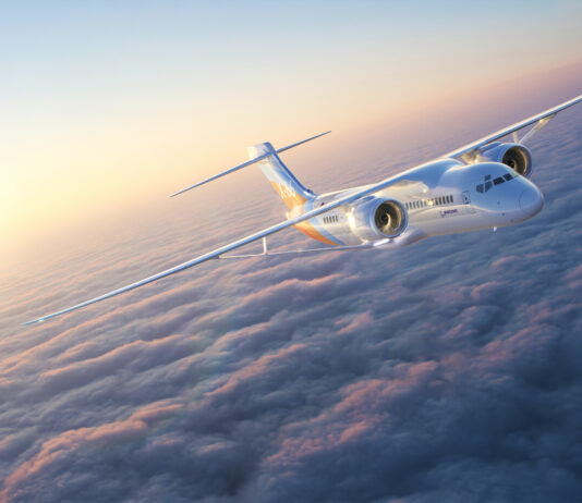 NASA Advances Aeronautics with Model-Based Systems Innovation A jet airplane designed with the help of model-based systems engineering flies above clouds at dusk.
