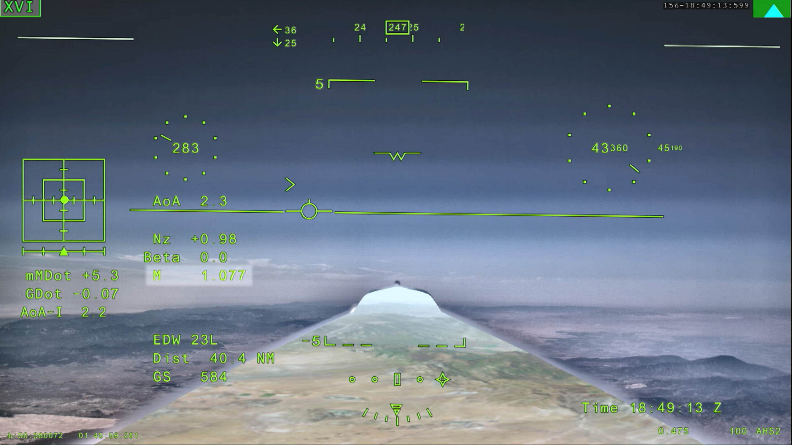 NASA’s X 59 eXternal Vision System digital display shows green flight data overlaid on the forward scenery as the aircraft flies supersonic. Numerical indicators, horizon references, and a Mach number readout are visible on the screen.