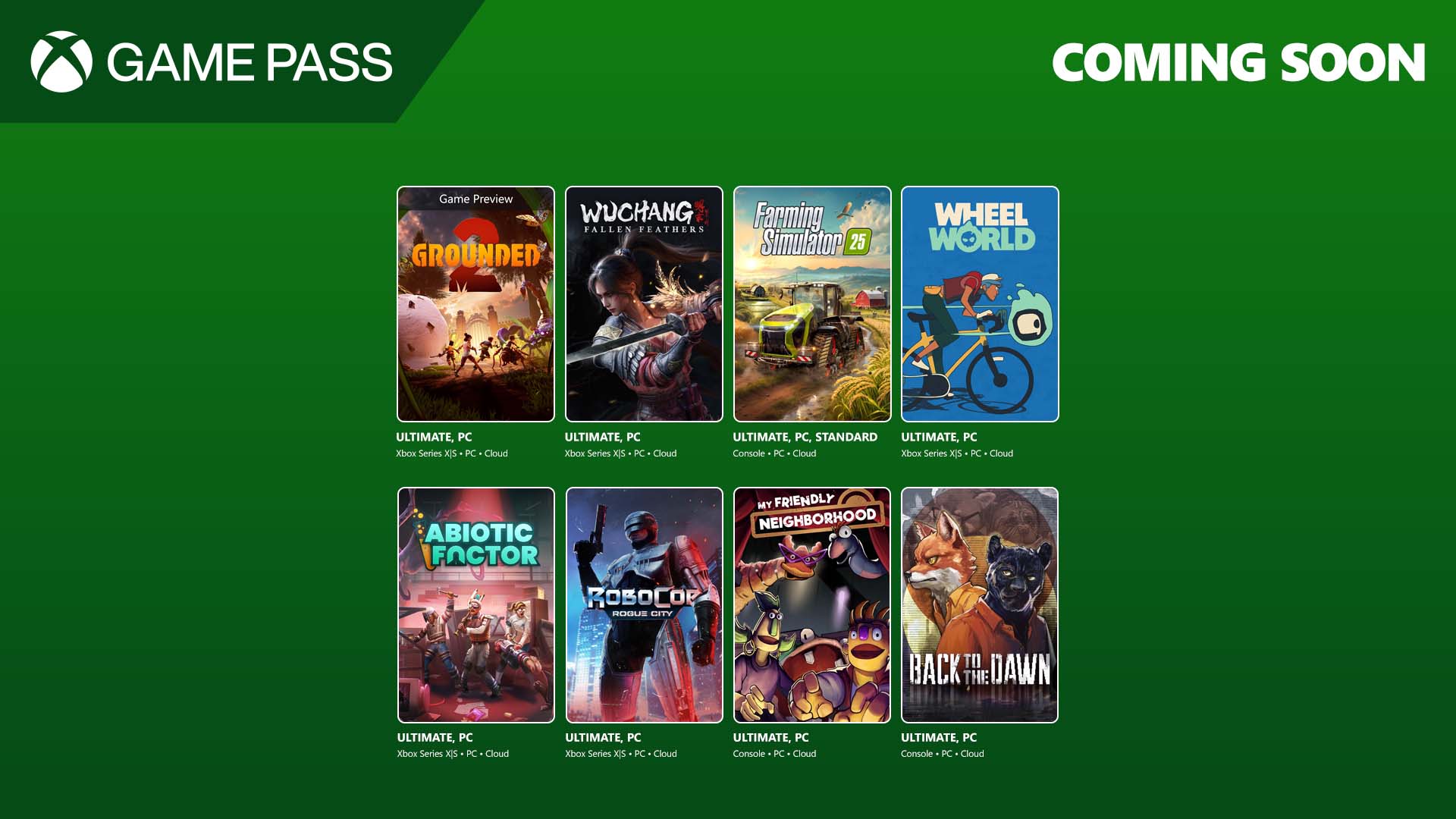 xbox gamepass announcement 16x9 7.15.2025 en us e3c82348a32454da1631.jpg Coming to Game Pass: Grounded 2 (Game Preview), Wuchang: Fallen Feathers, Farming Simulator 25, and More - Xbox Wire