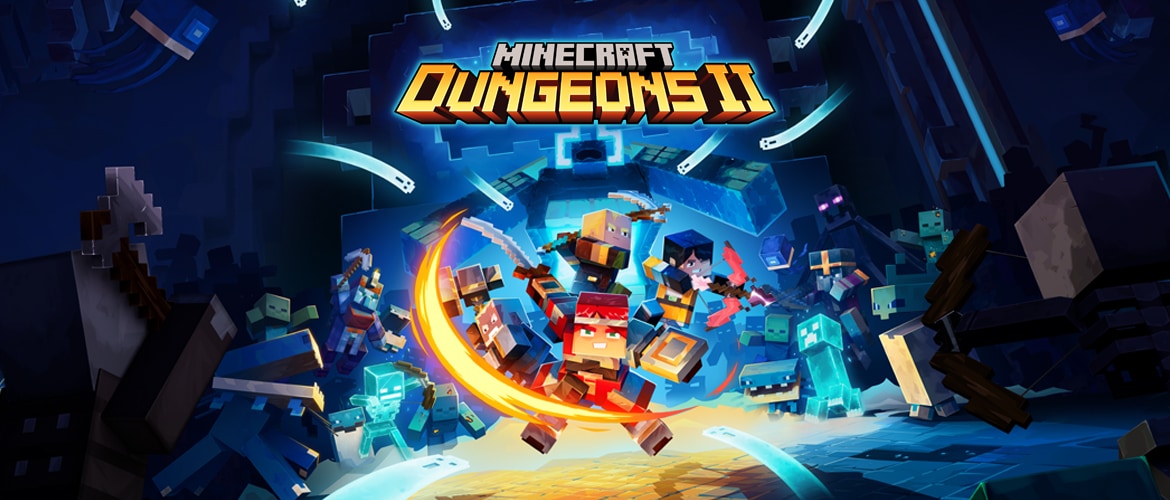 xboxliveshowcase 1170x500.jpg Four confident heroes, each wielding a unique weapon, surrounded by an army of hostile mobs in a dark surrounding.